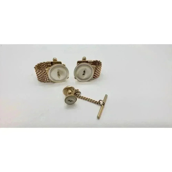 Vintage Hickok CuffLink Tie Tack Set Gold Mesh Wrap around MCM 60s Button Accent - Picture 3 of 8